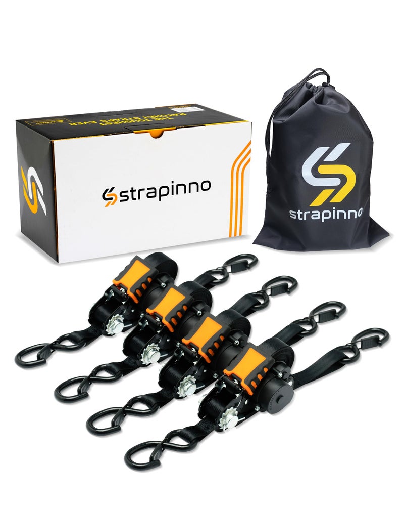 Strapinno أشرطة سقاطة قابلة للسحب من Strapinno - 1 بوصة × 12 قدم، ربطات عنق متينة بقوة 1800 رطل، قوة كسر كل خطاف S مع مشبك أمان، سحب تلقائي لتحريك قوارب الكاياك والبضائع للدراجات النارية (4 قطع) - Image 1